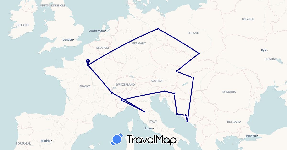 TravelMap itinerary: driving in Austria, Bosnia and Herzegovina, Germany, France, Croatia, Hungary, Italy, Poland, Slovenia (Europe)